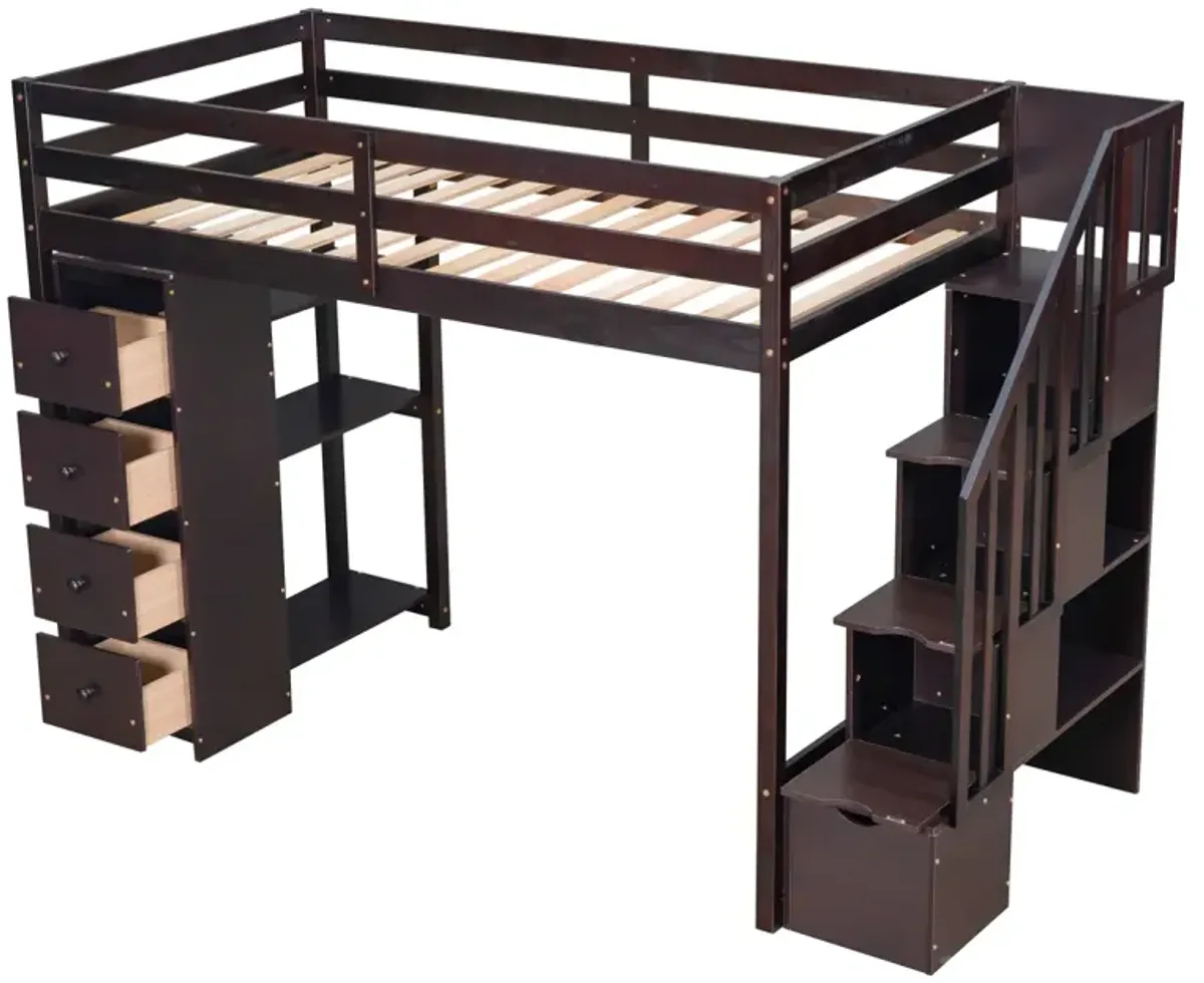 Twin Size Loft Bed With Storage Drawers And Stairs, Wooden Loft Bed With Shelves