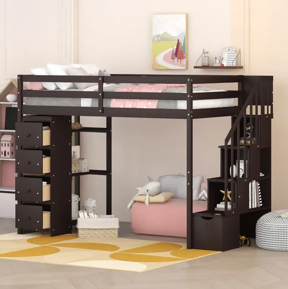 Twin Size Loft Bed With Storage Drawers And Stairs, Wooden Loft Bed With Shelves