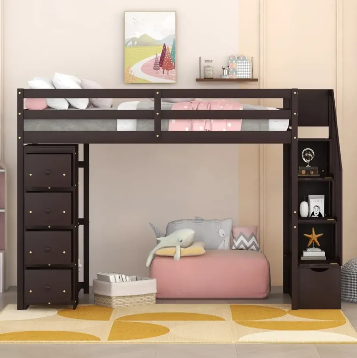 Twin Size Loft Bed With Storage Drawers And Stairs, Wooden Loft Bed With Shelves