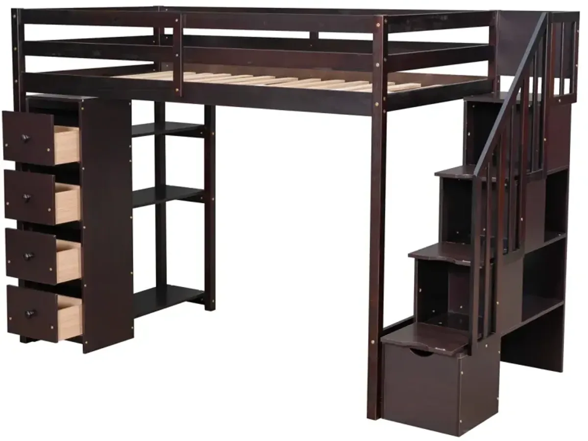 Twin Size Loft Bed With Storage Drawers And Stairs, Wooden Loft Bed With Shelves