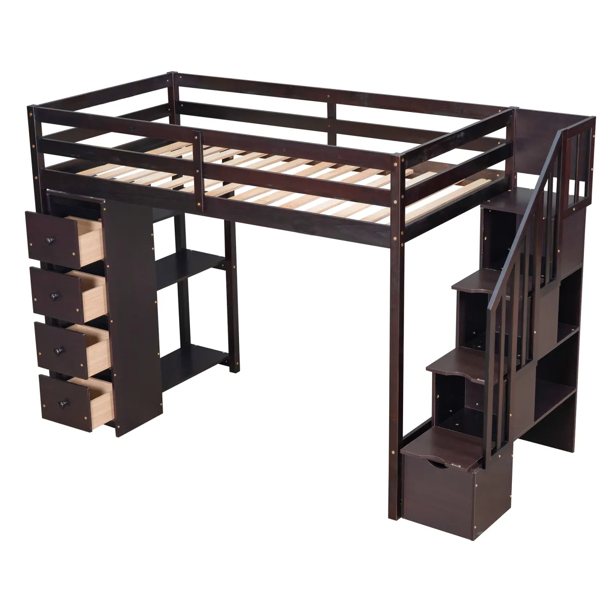 Twin size Loft Bed with Storage Drawers and Stairs, Wooden Loft Bed with Shelves - Espresso