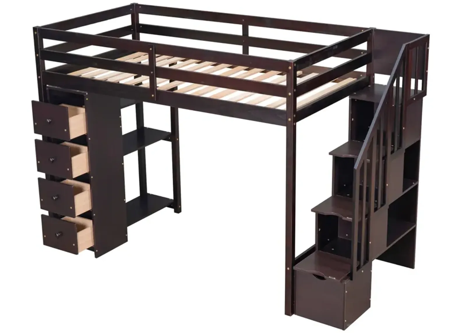 Twin Size Loft Bed With Storage Drawers And Stairs, Wooden Loft Bed With Shelves