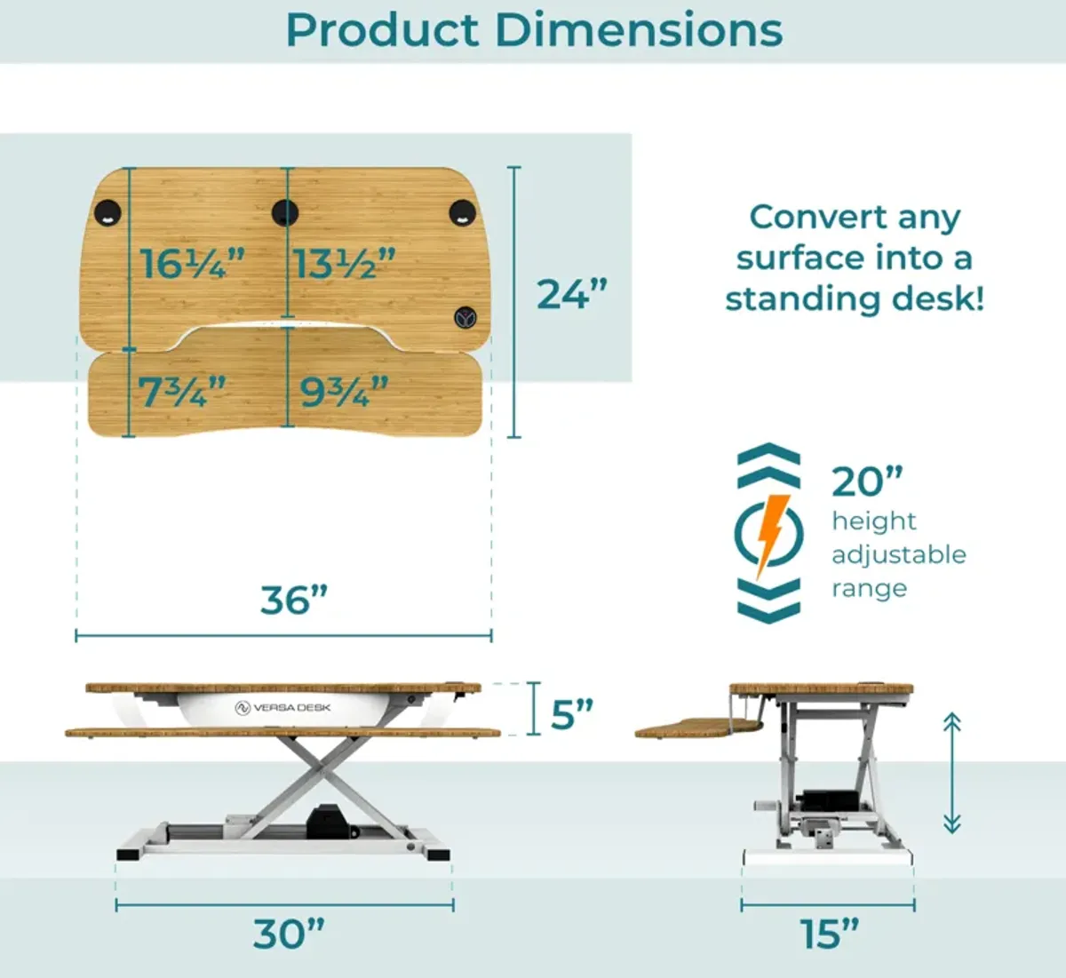 VersaDesk PowerPro® 36"W Electric Adjustable Standing Desk Converter, White-Bamboo