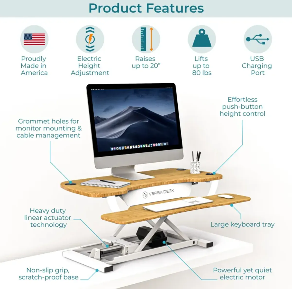 VersaDesk PowerPro® 36"W Electric Adjustable Standing Desk Converter, White-Bamboo