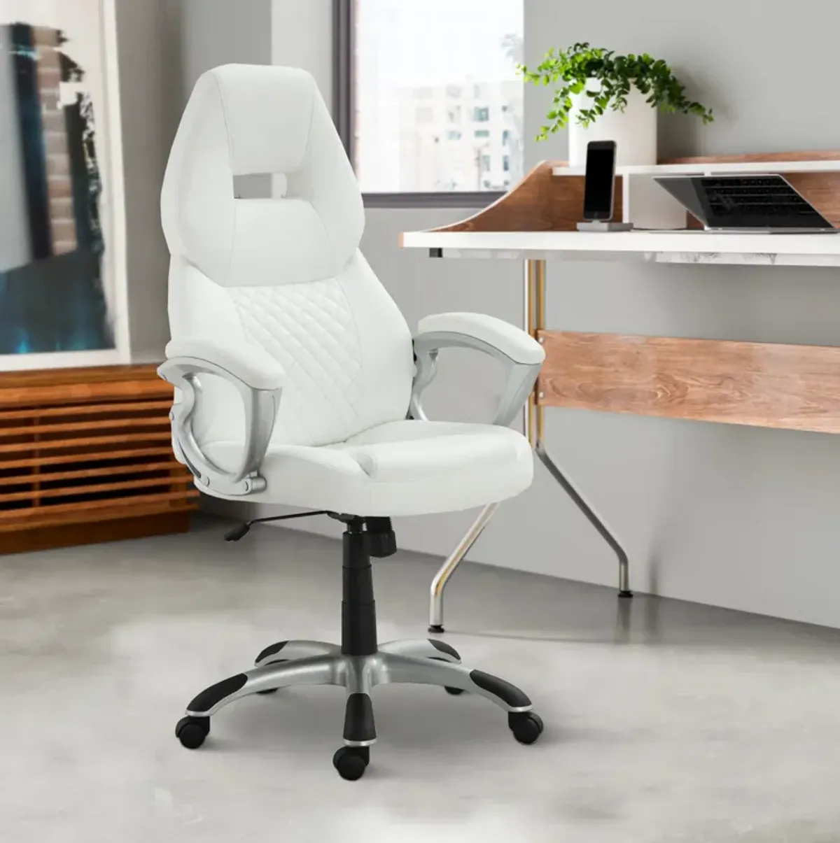 Leather, Sporty Executive High Back Office Chair, White-Benzara