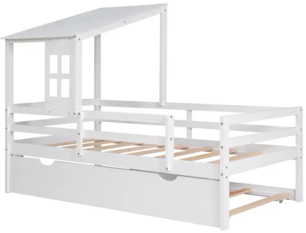 Twin Size Low Loft House Bed with Trundle, Roof and Window Design