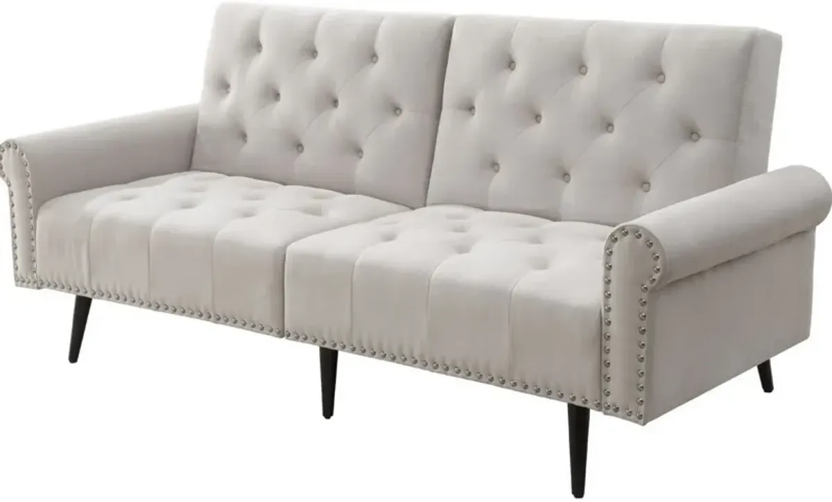 Adjustable Sofa with Button Tufting and Rolled Arms, White-Benzara