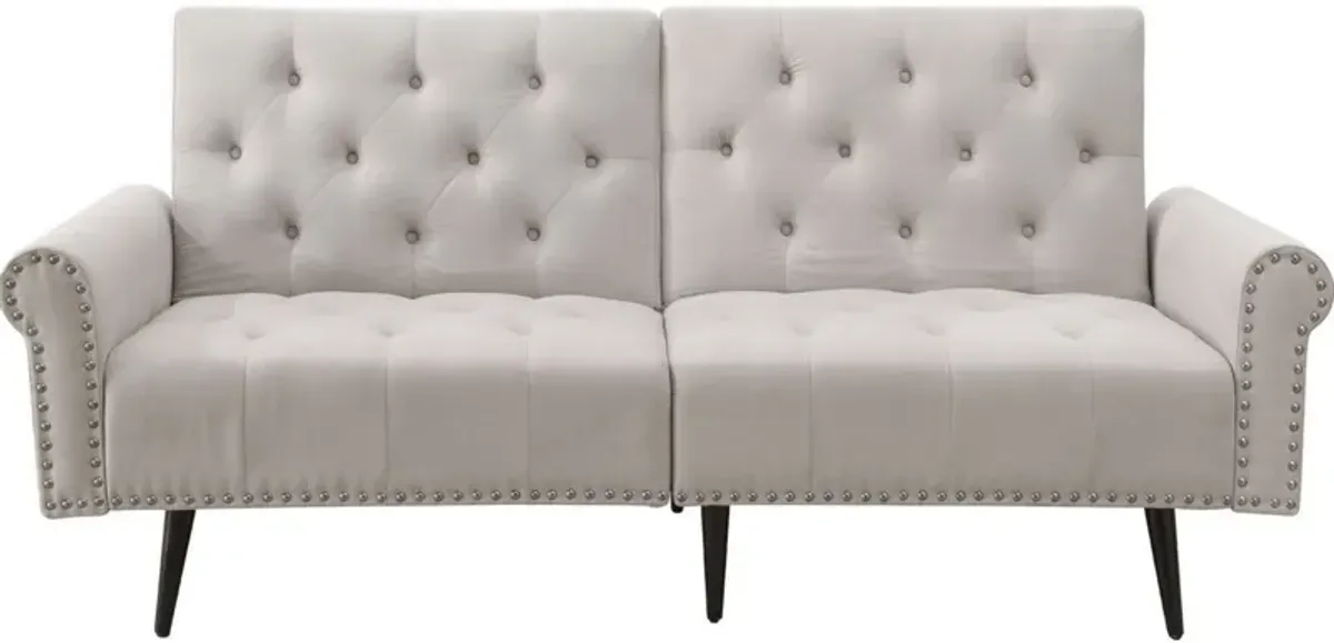 Adjustable Sofa with Button Tufting and Rolled Arms, White-Benzara