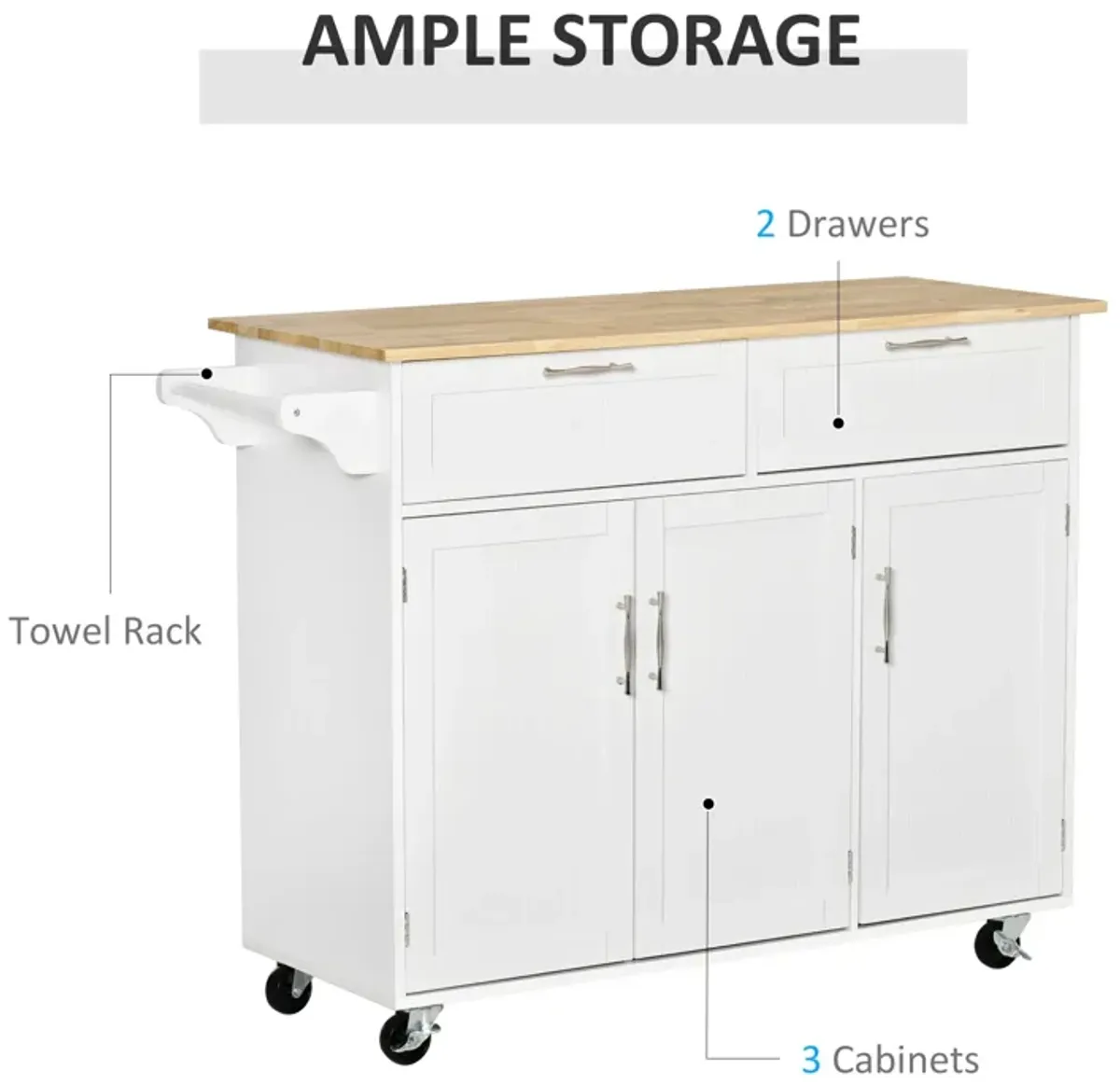 White Kitchen Cart: Portable Island with Rubberwood Top and Drawers