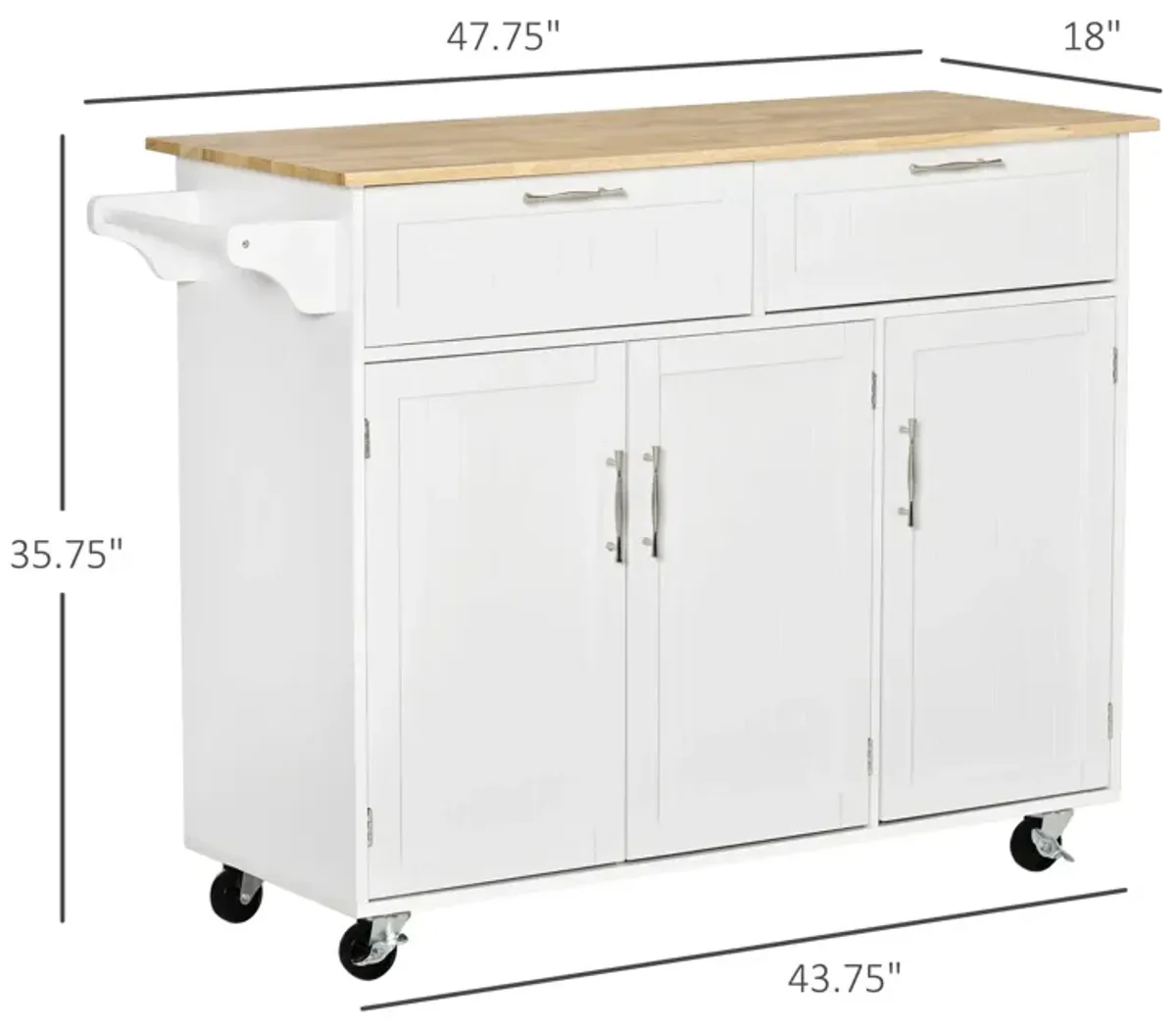 White Kitchen Cart: Portable Island with Rubberwood Top and Drawers