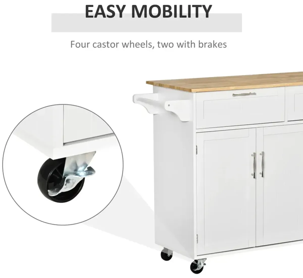 White Kitchen Cart: Portable Island with Rubberwood Top and Drawers