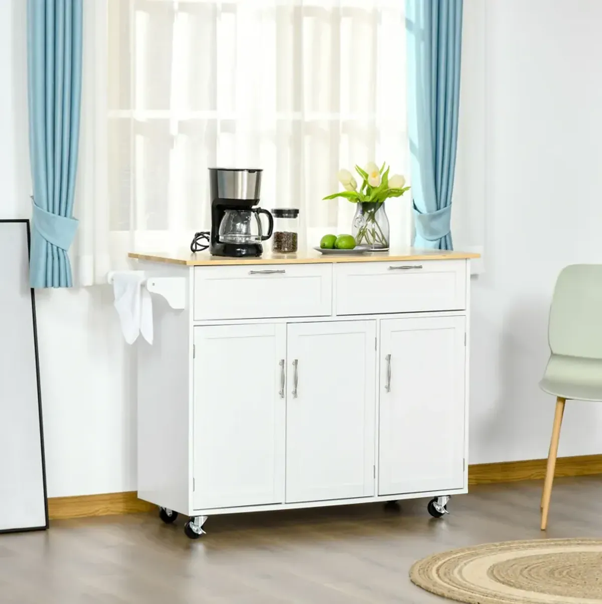 White Kitchen Cart: Portable Island with Rubberwood Top and Drawers