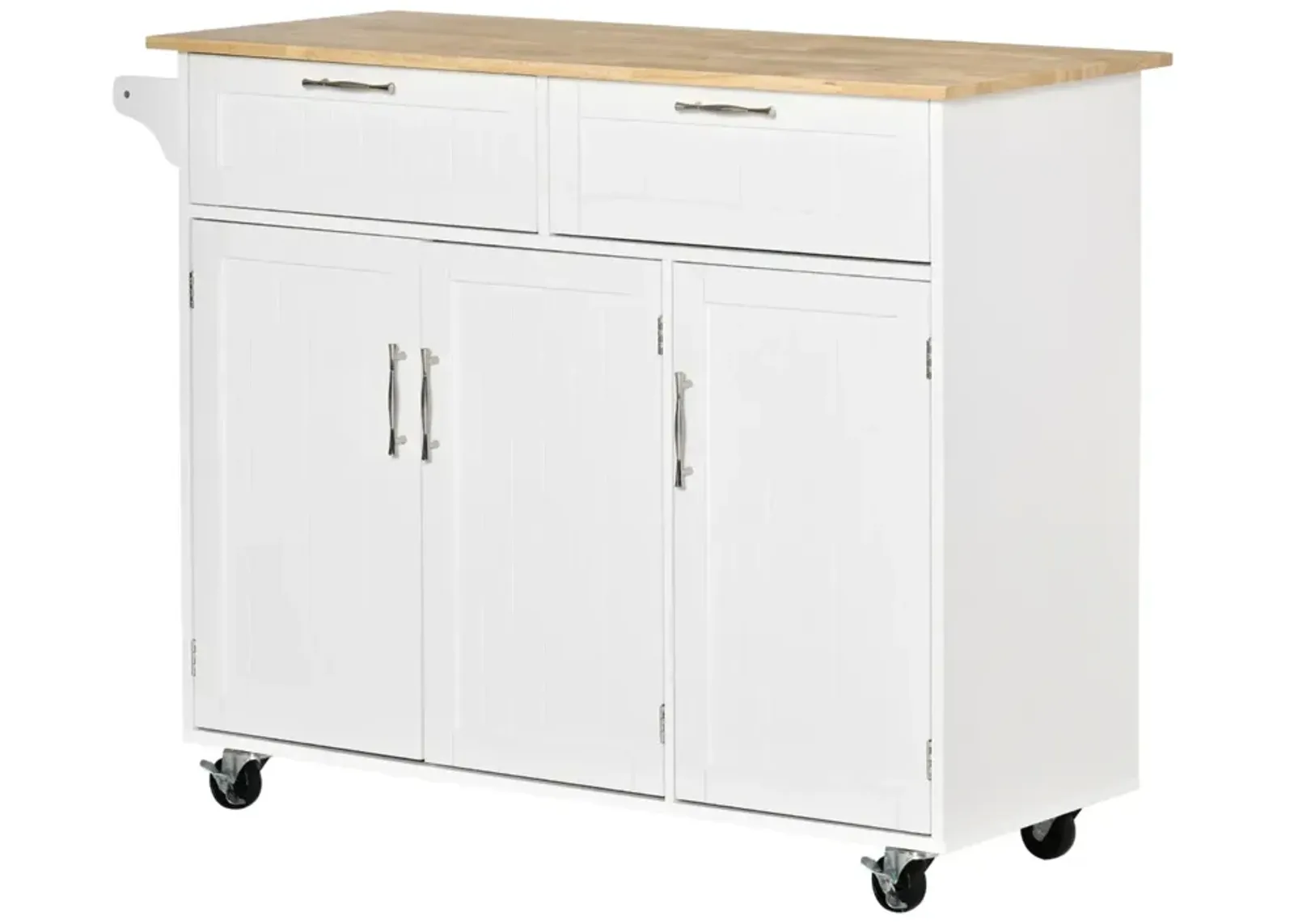 White Kitchen Cart: Portable Island with Rubberwood Top and Drawers