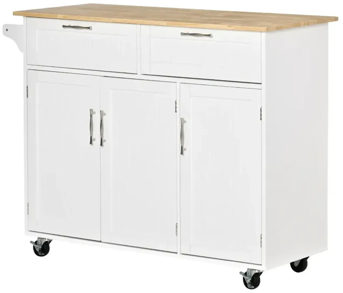 White Kitchen Cart: Portable Island with Rubberwood Top and Drawers