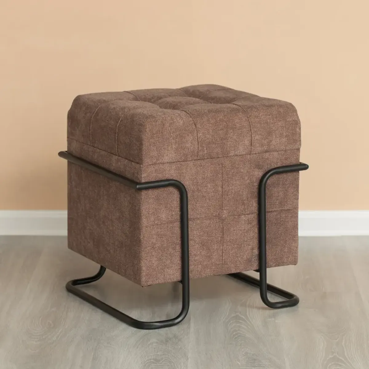 Square Fabric Storage Ottoman with Black Metal Frame, Yellow