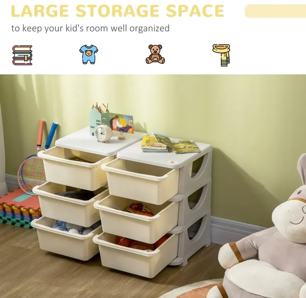 Cream Toy Storage: Kids' 3-Tier Organizer with 6 Drawers