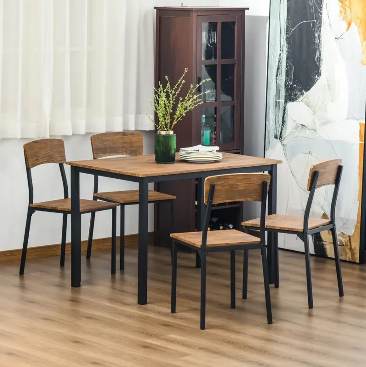 Industrial Chic Dining: 5-Piece Dark Walnut Table & Chairs Set