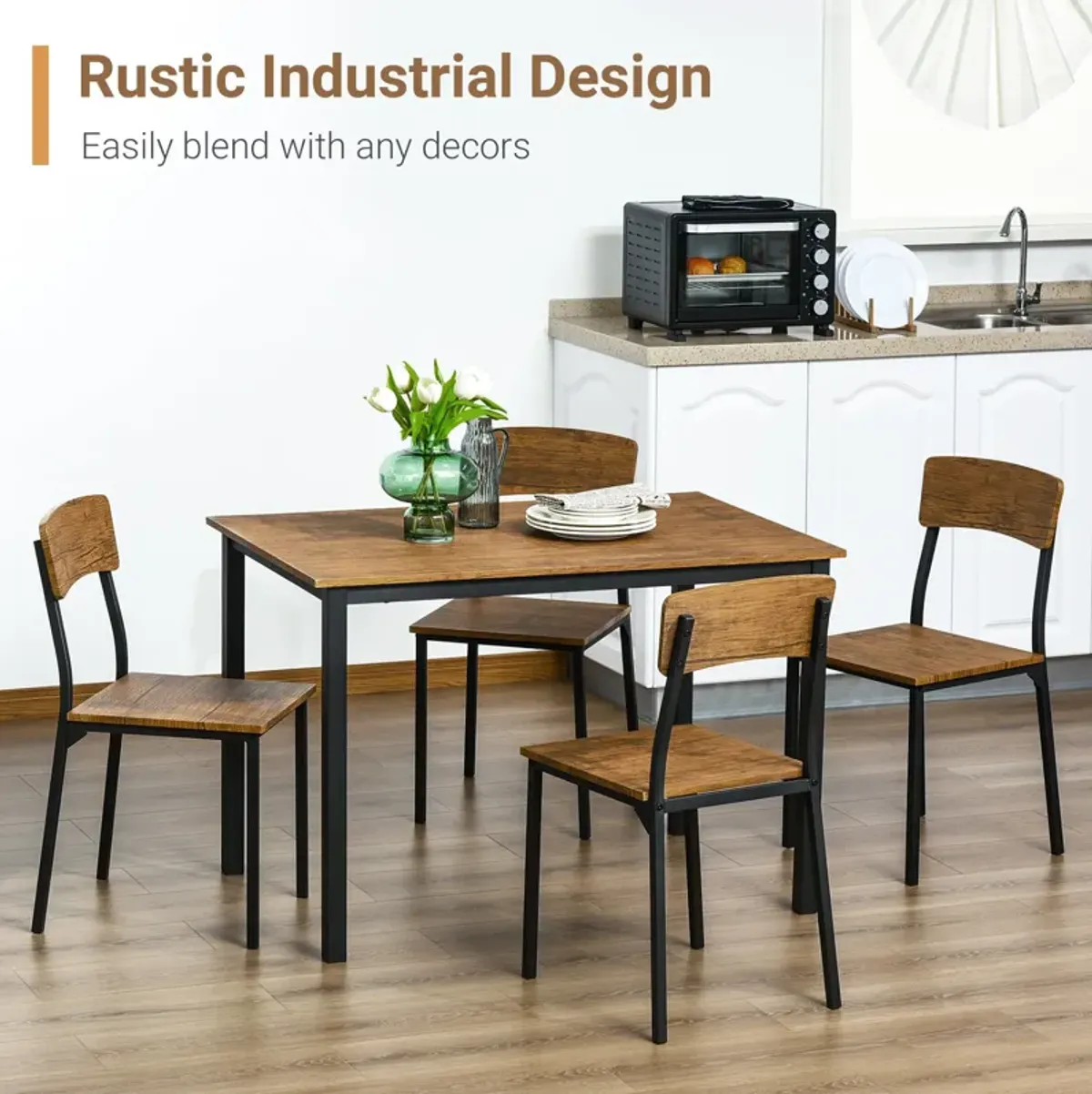 Industrial Chic Dining: 5-Piece Dark Walnut Table & Chairs Set