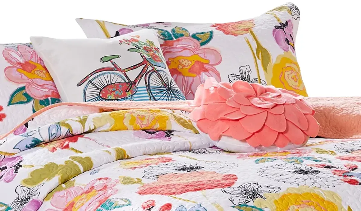 Mavi 5 Piece Reversible Full Quilt Set, Spring Floral Print, Multicolor - Benzara