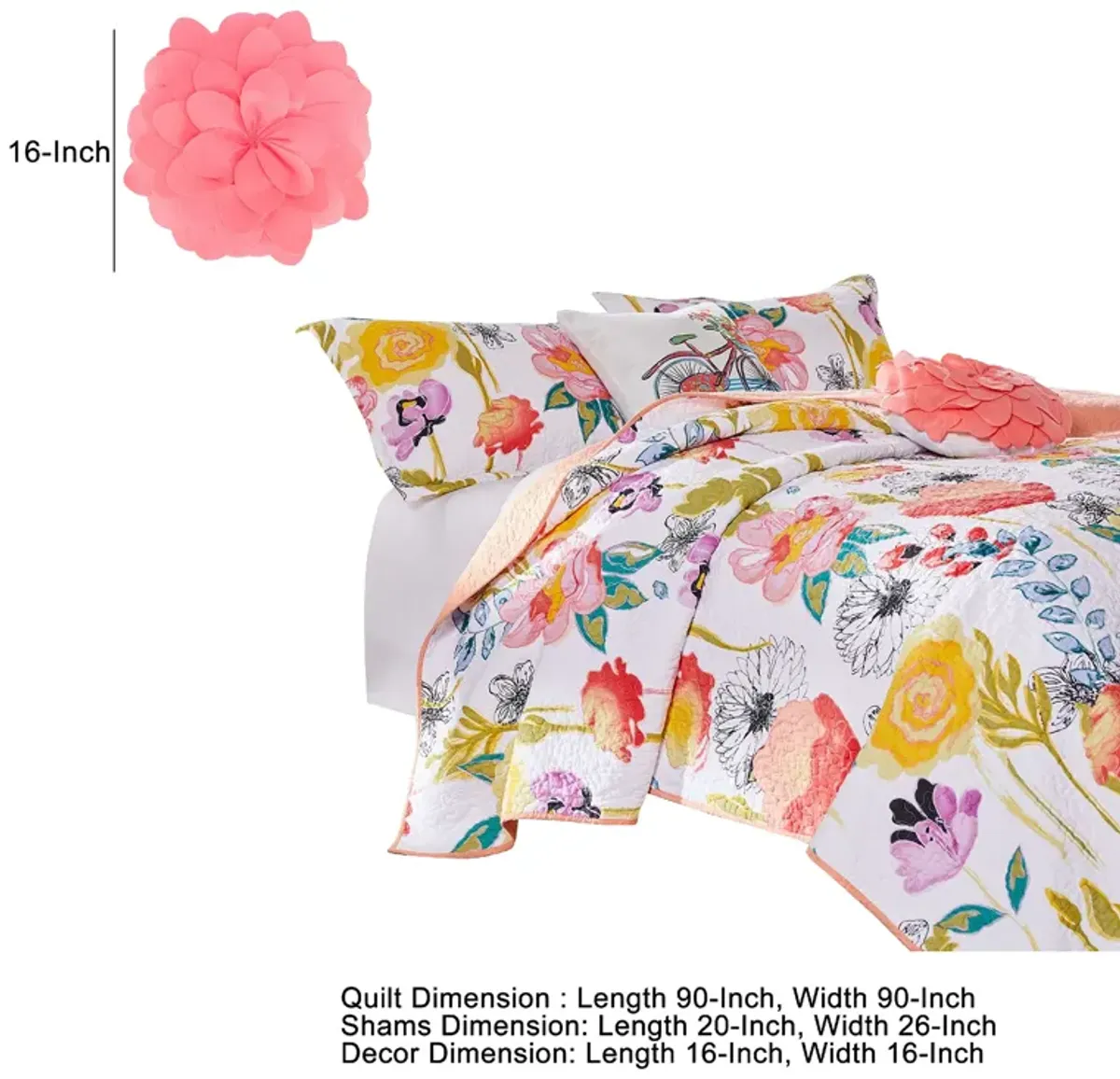 Mavi 5 Piece Reversible Full Quilt Set, Spring Floral Print, Multicolor - Benzara