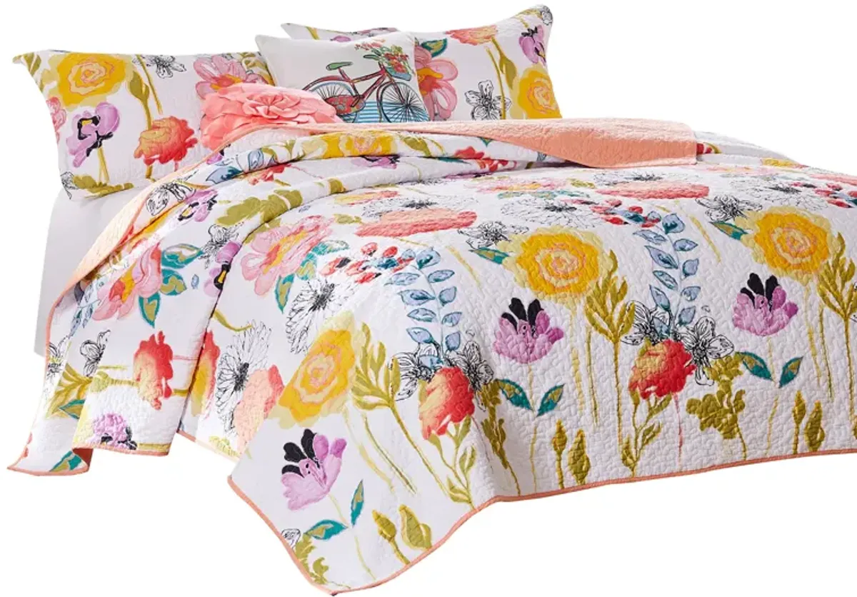 Mavi 5 Piece Reversible Full Quilt Set, Spring Floral Print, Multicolor - Benzara