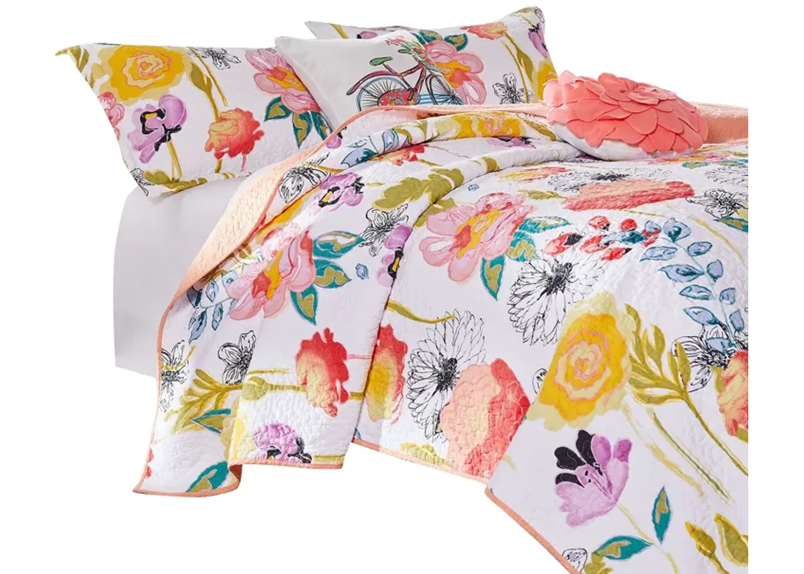 Mavi 5 Piece Reversible Full Quilt Set, Spring Floral Print, Multicolor - Benzara