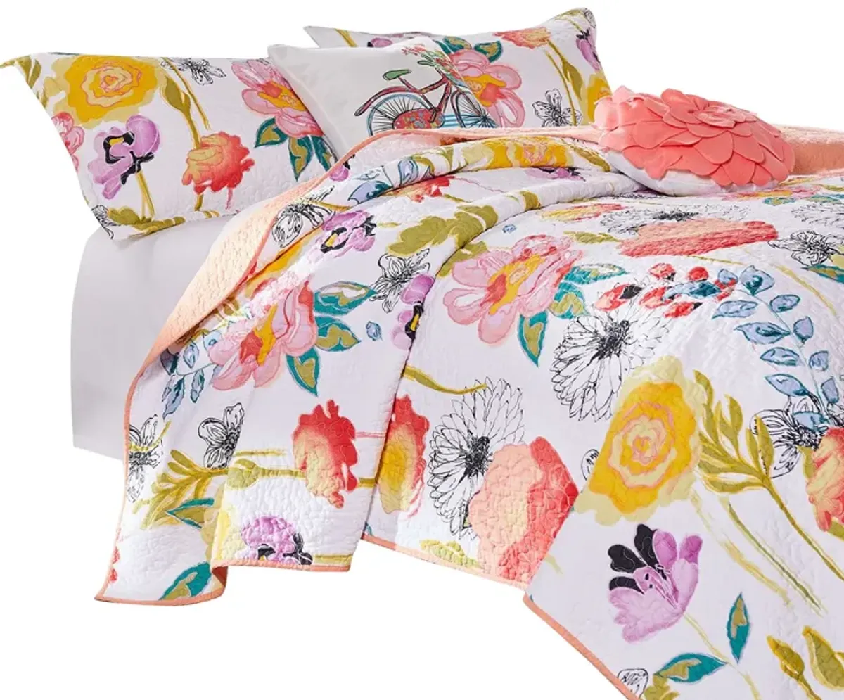 Mavi 5 Piece Reversible Full Quilt Set, Spring Floral Print, Multicolor - Benzara