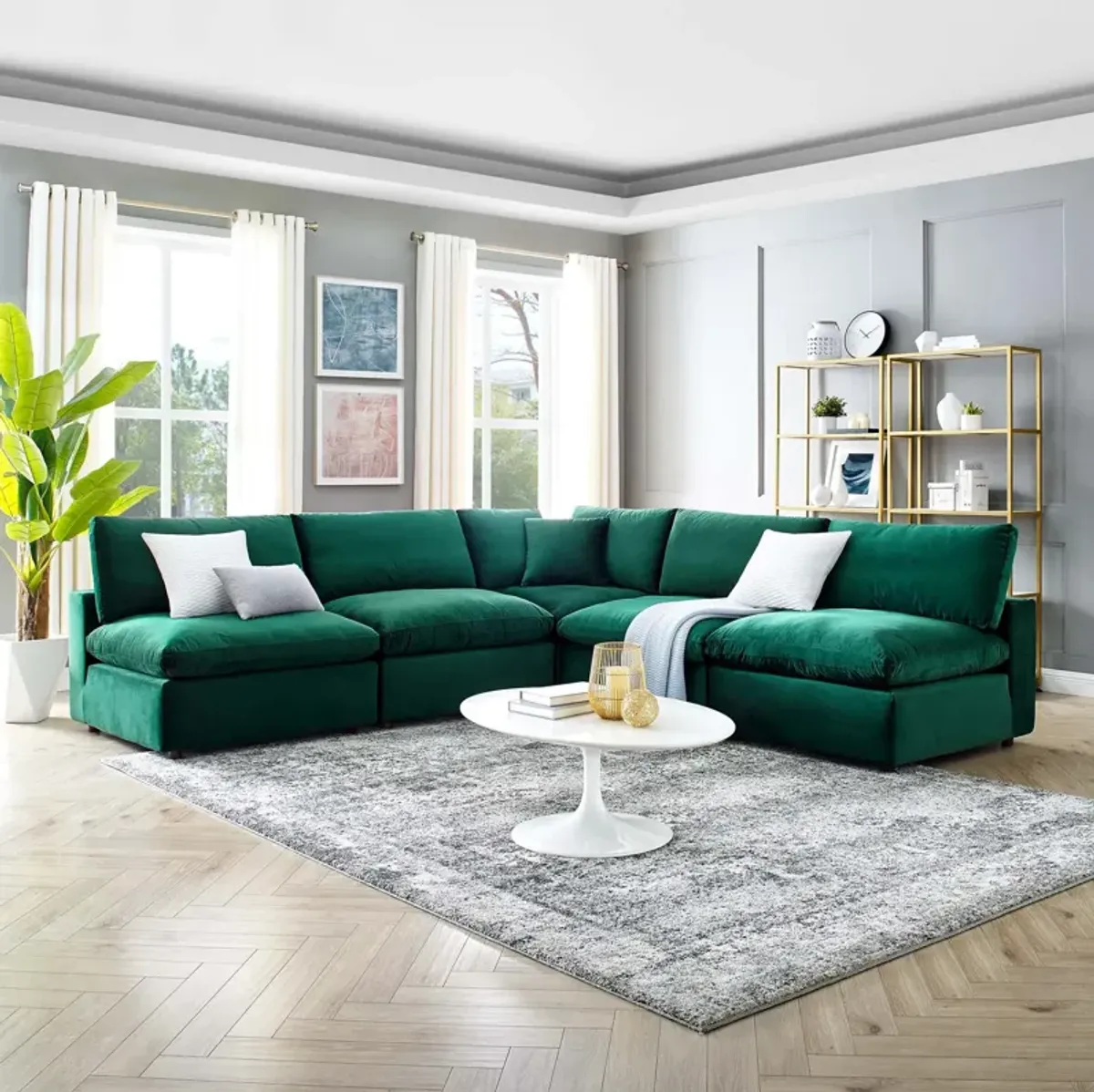 Commix Down Filled Overstuffed Performance Velvet 5-Piece Sectional Sofa