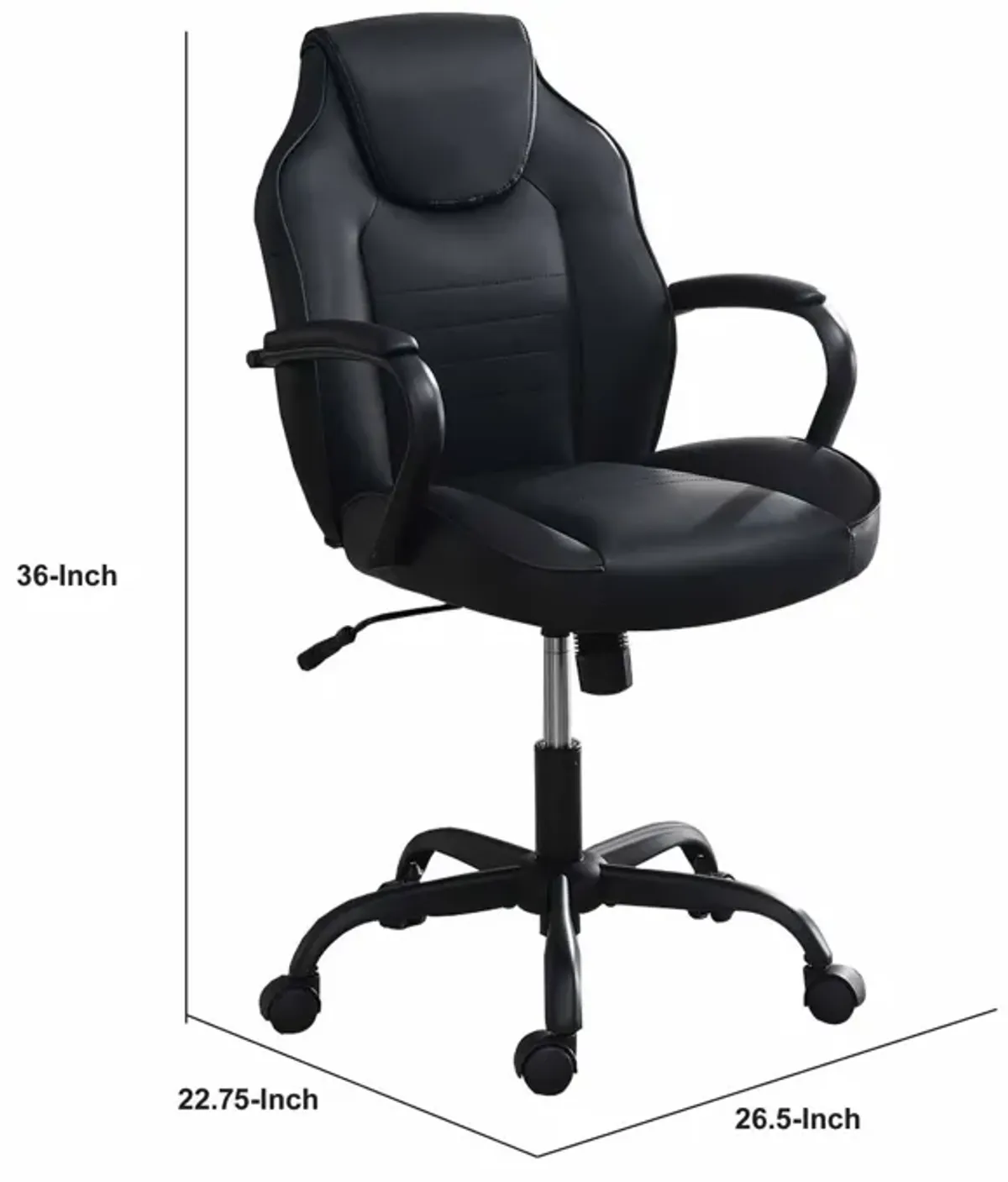 Rue 27 Inch Ergonomic Office Chair, Vegan Faux Leather Swivel Seat, Black-Benzara