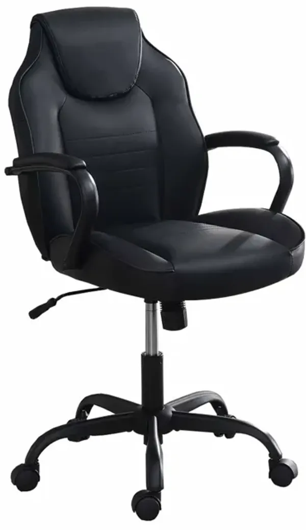 Rue 27 Inch Ergonomic Office Chair, Vegan Faux Leather Swivel Seat, Black - Benzara