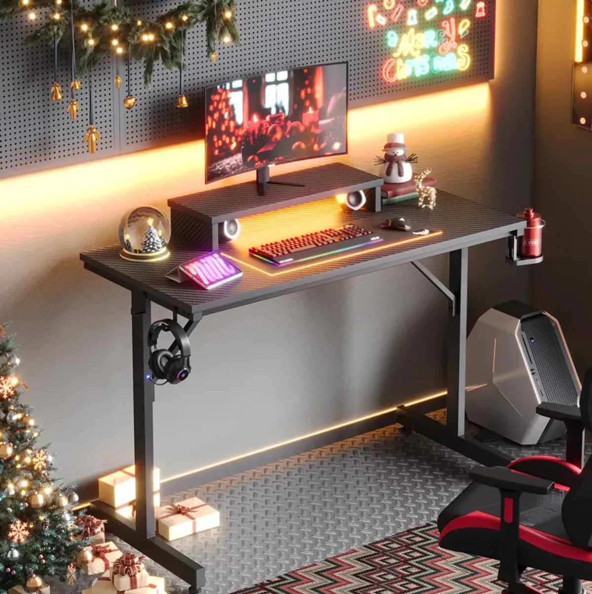 Bestier Small Gaming Desk with Monitor Stand, 42 inch LED Computer Desk, Gamer Workstation with Cup Holder & Headset Hooks, Mode