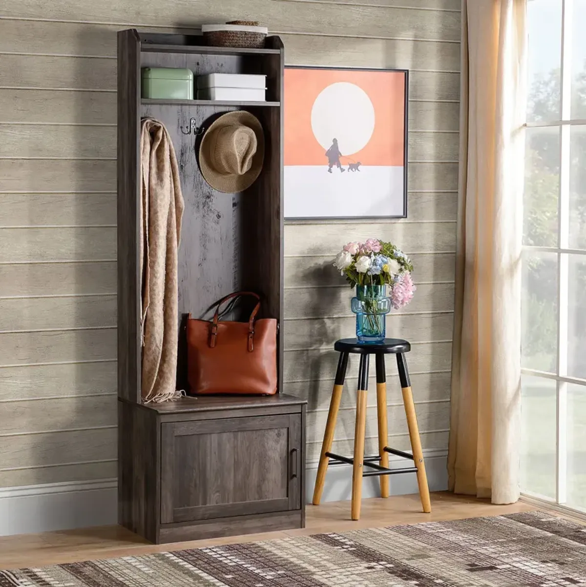 Brown Entryway Organizer: Hall Tree with Shoe Bench & Coat Rack