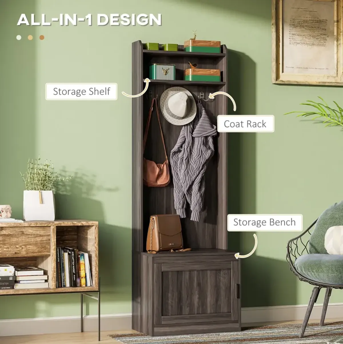 Brown Entryway Organizer: Hall Tree with Shoe Bench & Coat Rack