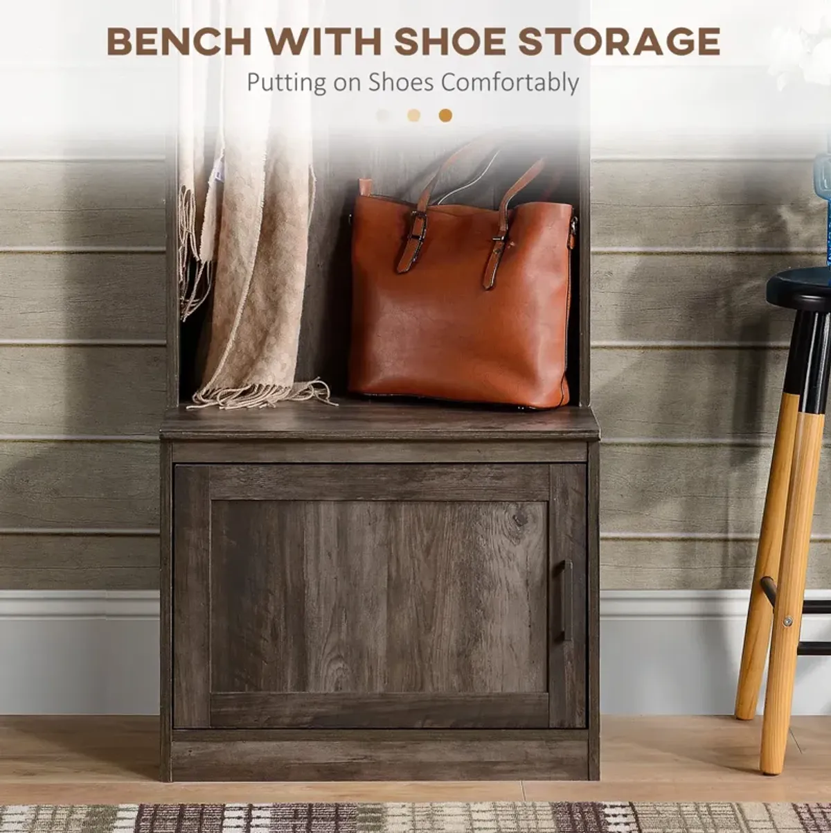 Brown Entryway Organizer: Hall Tree with Shoe Bench & Coat Rack