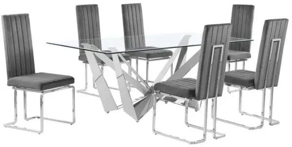7pc Small(78") glass dining set with silver base and 6 Dark grey side chairs
