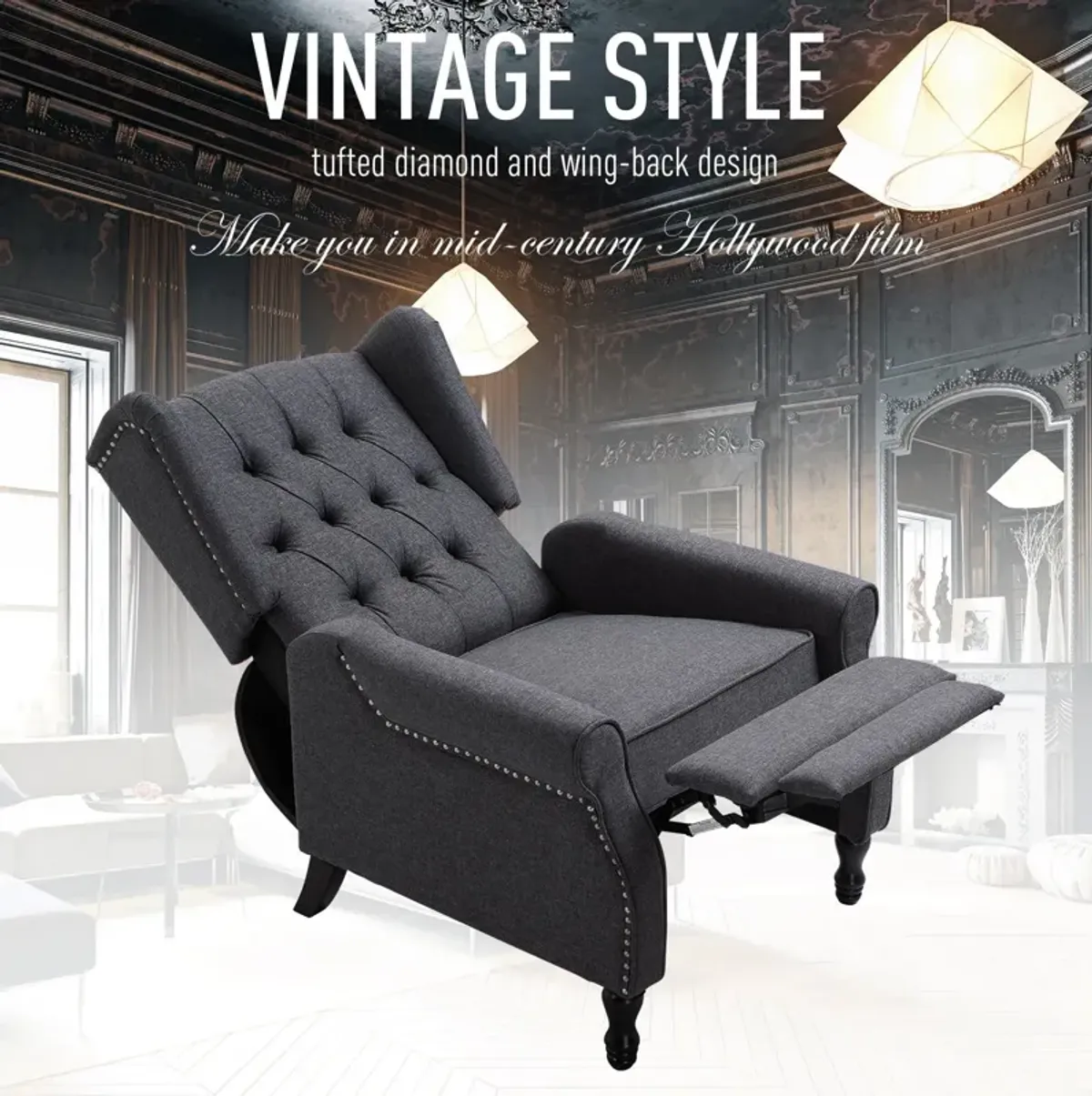 Dark Gray Lounge Chair: Vintage Linen Fabric Tufted Reclining Sofa