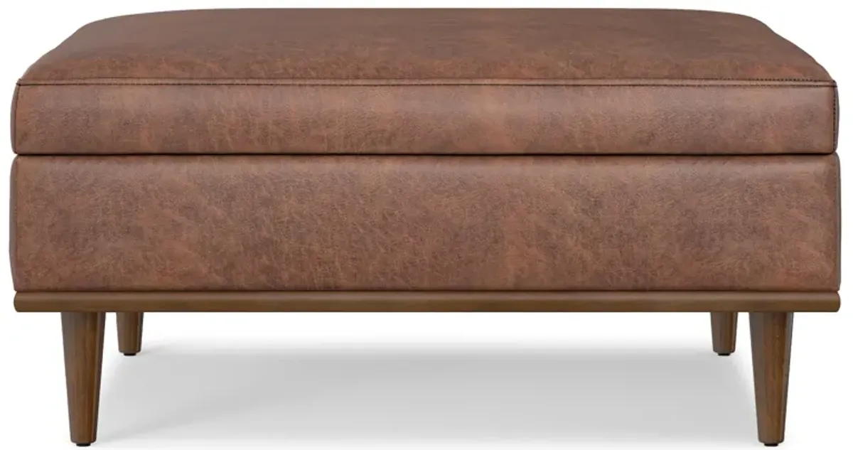 Shiloh 38 inch Wide Transitional Contemporary Square Storage Ottoman in Distressed Saddle Brown Vegan Faux Leather, Assembled