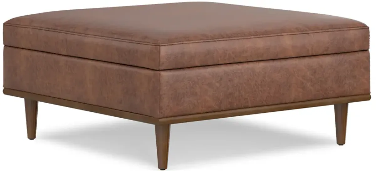 Shiloh 38 inch Wide Transitional Contemporary Square Storage Ottoman in Distressed Saddle Brown Vegan Faux Leather, Assembled