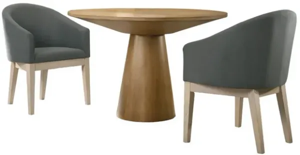 Yuvi 3 Piece Dining Table and Chair Set, Round, Barrel Chair, Brown, Gray - Benzara