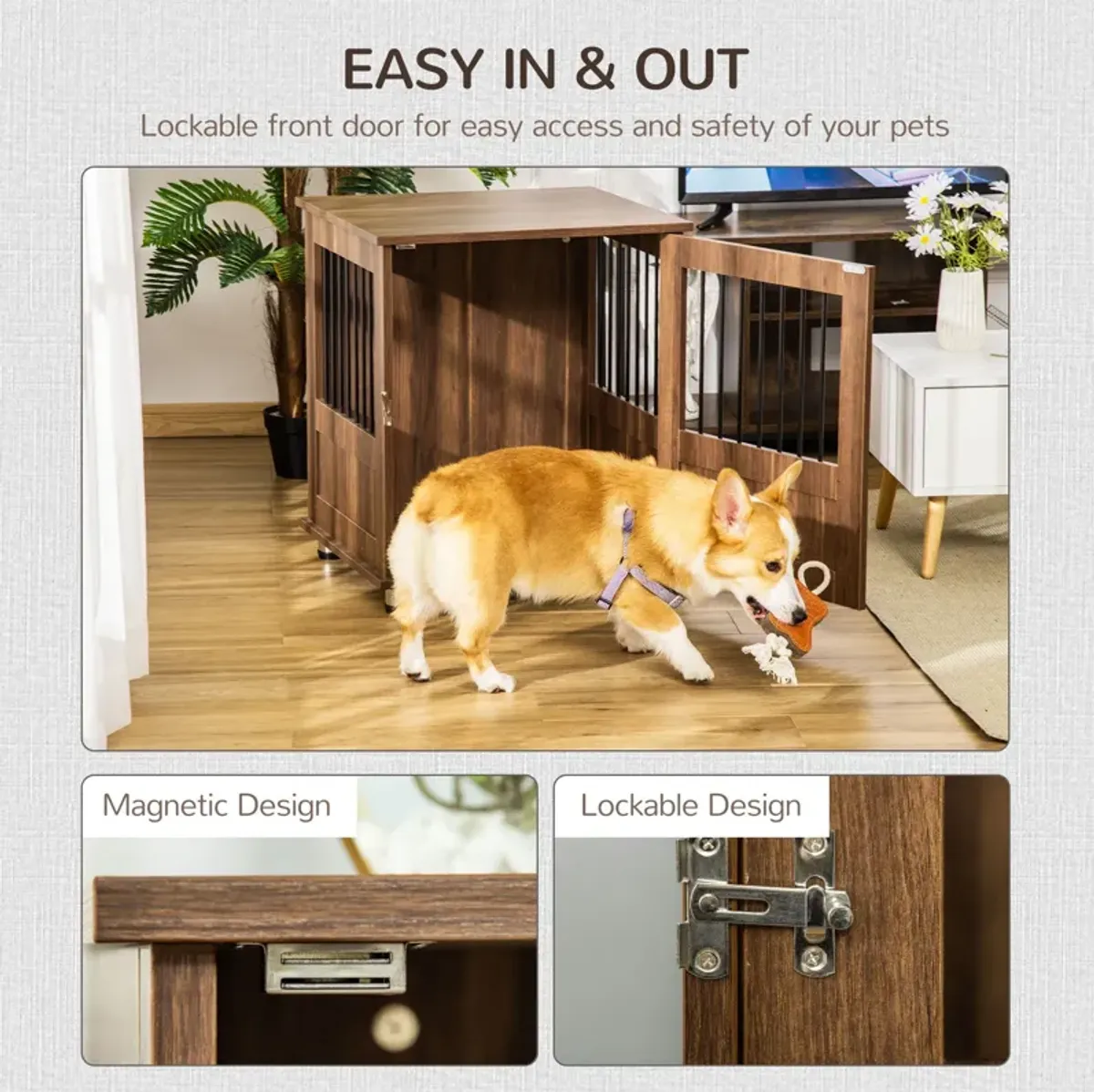 Brown Pet Furniture: Wooden End Table Dog Crate with Magnetic Door