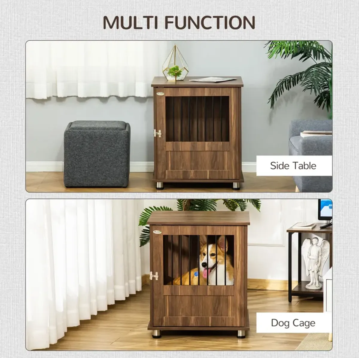 Brown Pet Furniture: Wooden End Table Dog Crate with Magnetic Door