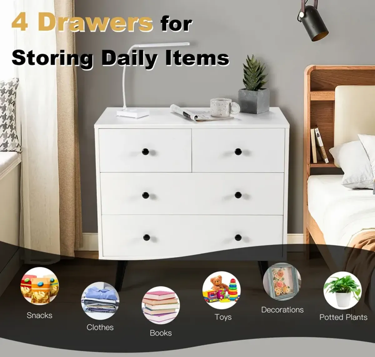 4 Drawers Dresser Chest of Drawers Free Standing Sideboard Cabinet-White