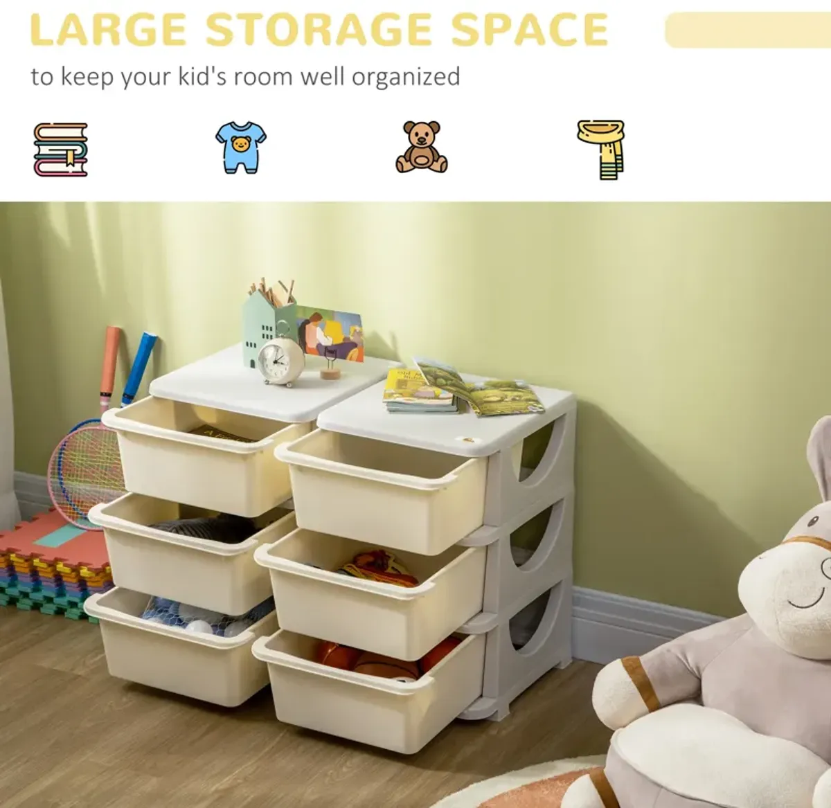 3 Tier Kids Storage Unit, 3 Drawer Chest Toy Organizer Plastic Bins for Kids Bedroom Nursery Kindergarten Living Room for Boys Girls Toddlers, Cream White