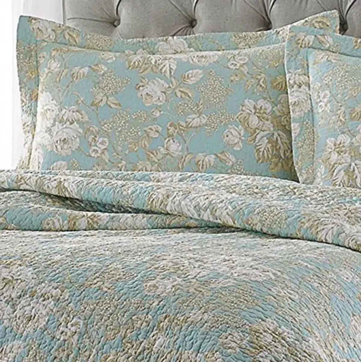 QuikFurn King size 3-Piece Reversible Cotton Quilt Set with Seafoam Blue Beige Floral Pattern