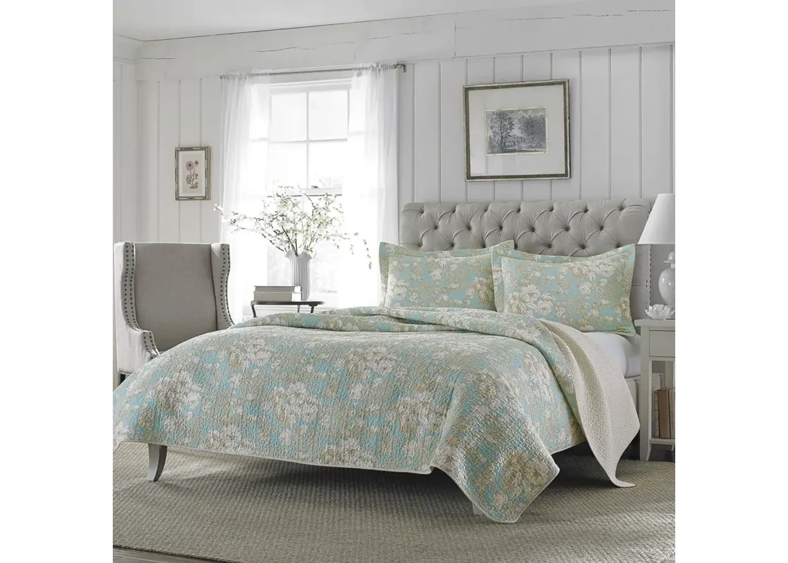 QuikFurn King size 3-Piece Reversible Cotton Quilt Set with Seafoam Blue Beige Floral Pattern