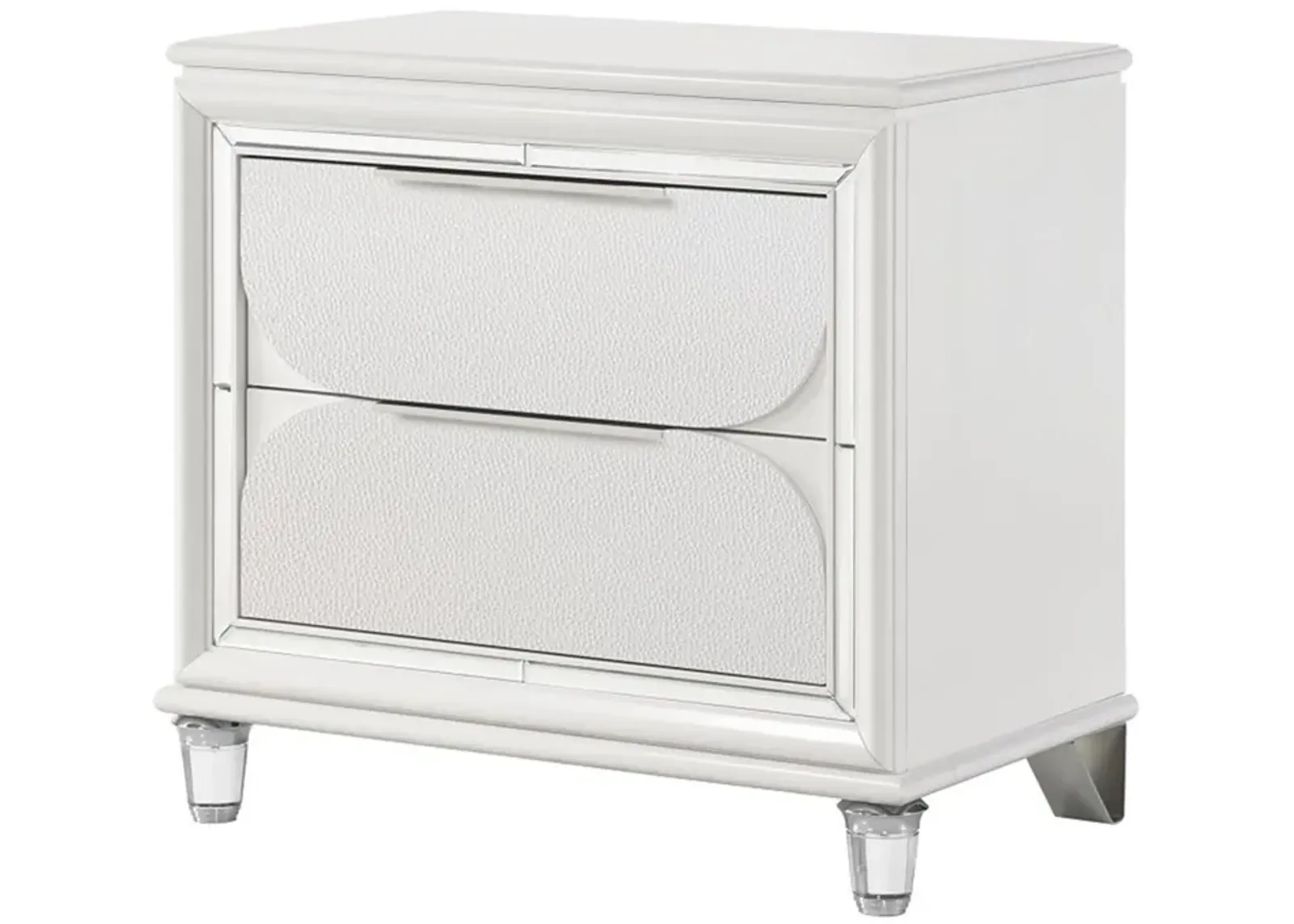 Benjara RARA 30 Inch Nightstand, 2 Drawers, Mirror Trim, Acrylic Legs, White and Silver