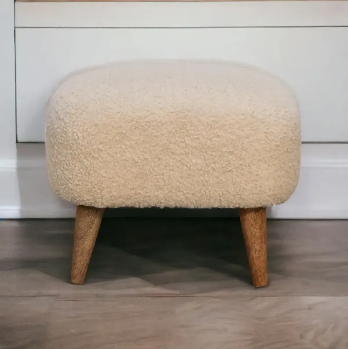 Boucle Cream  Solid Wood Upholestry Square Footstool