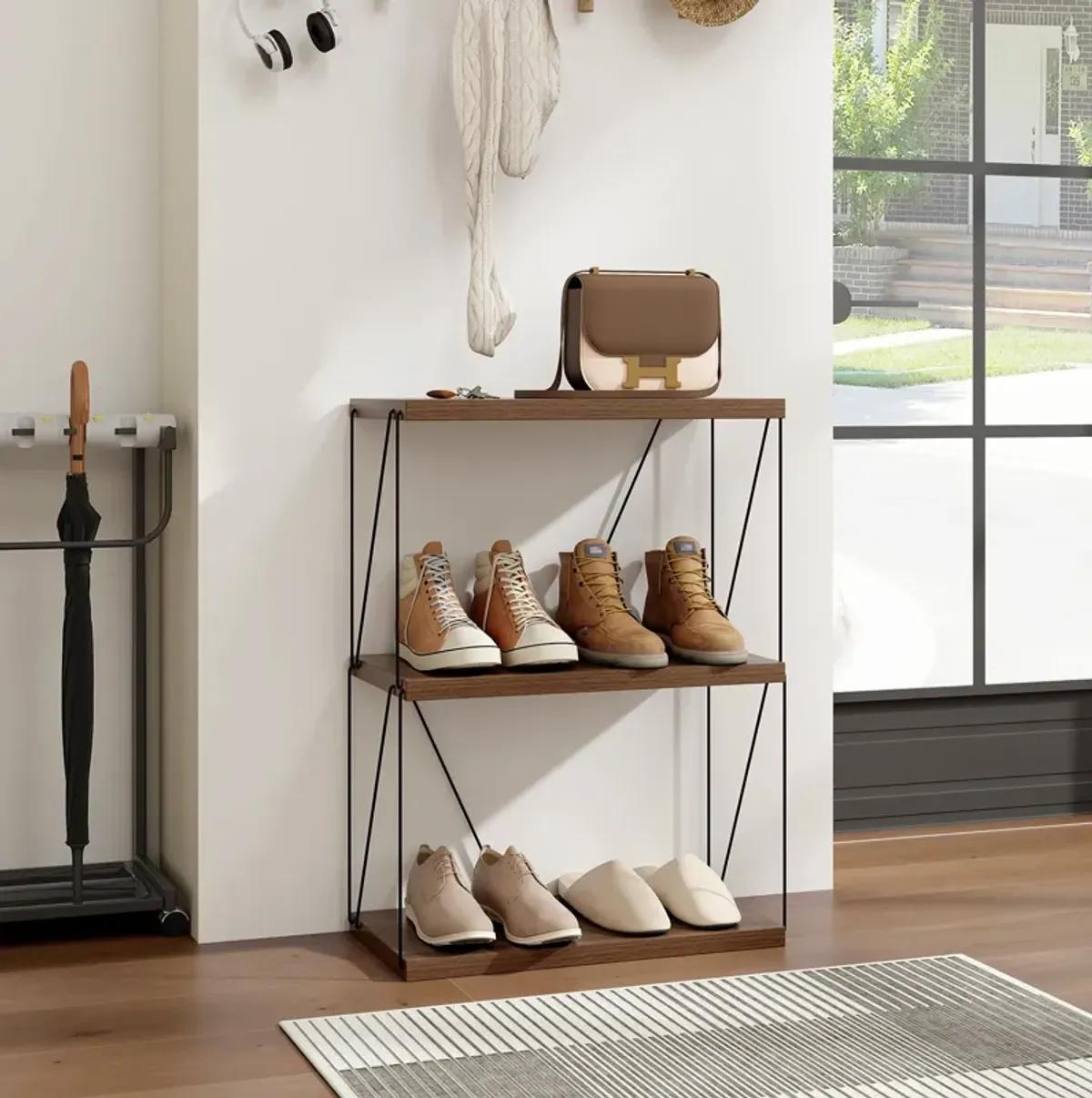 Multipurpose Display Rack with Metal Frame, Tiered Shelving