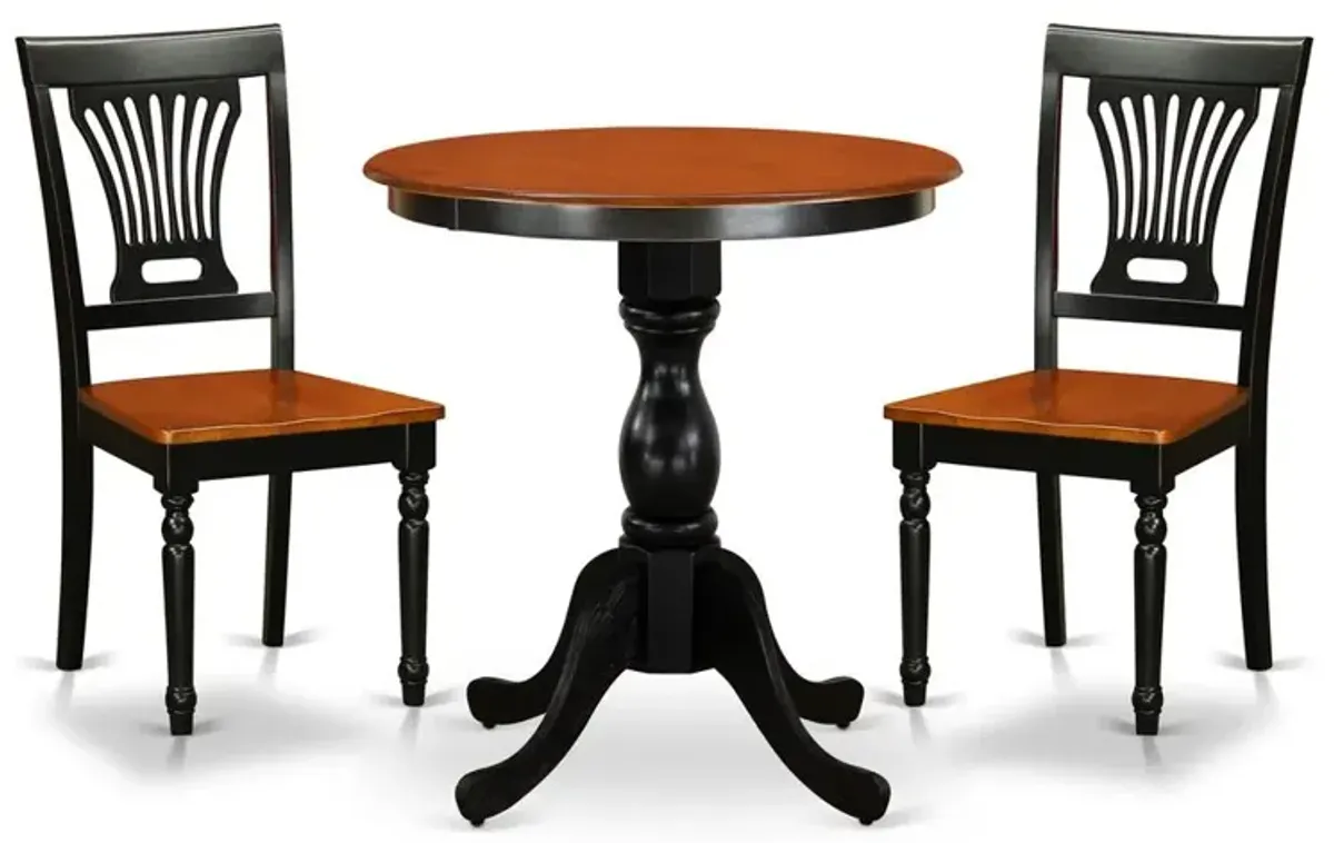 East West Furniture 3-Piece Kitchen Table Set Include a Wood Dining Table and 2 Modern Dining Chairs with Slatted Back - Black Finish