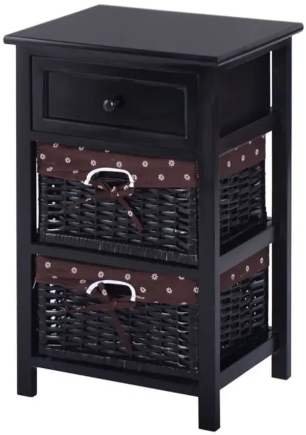 Hivago 3 Tiers Wooden Storage Nightstand with 2 Baskets and 1 Drawer - Black